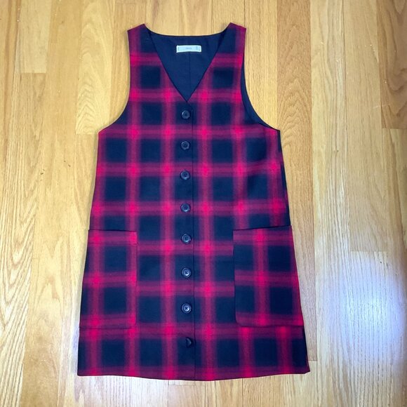 Mango Dress Plaid Red Sleeveless Vest Style V-Neck Patch Pockets (XS) - Picture 4 of 7